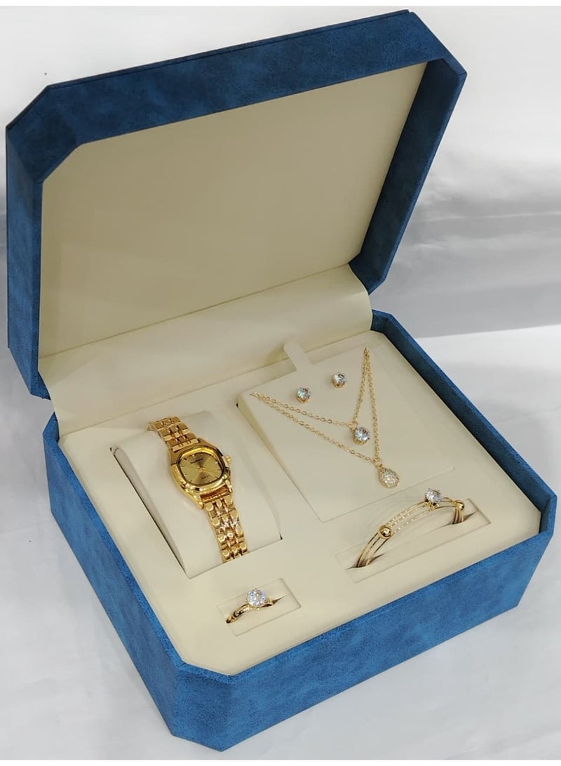 This is a women's watch set consisting of a wristwatch, bracelet, necklace, ring and earrings.